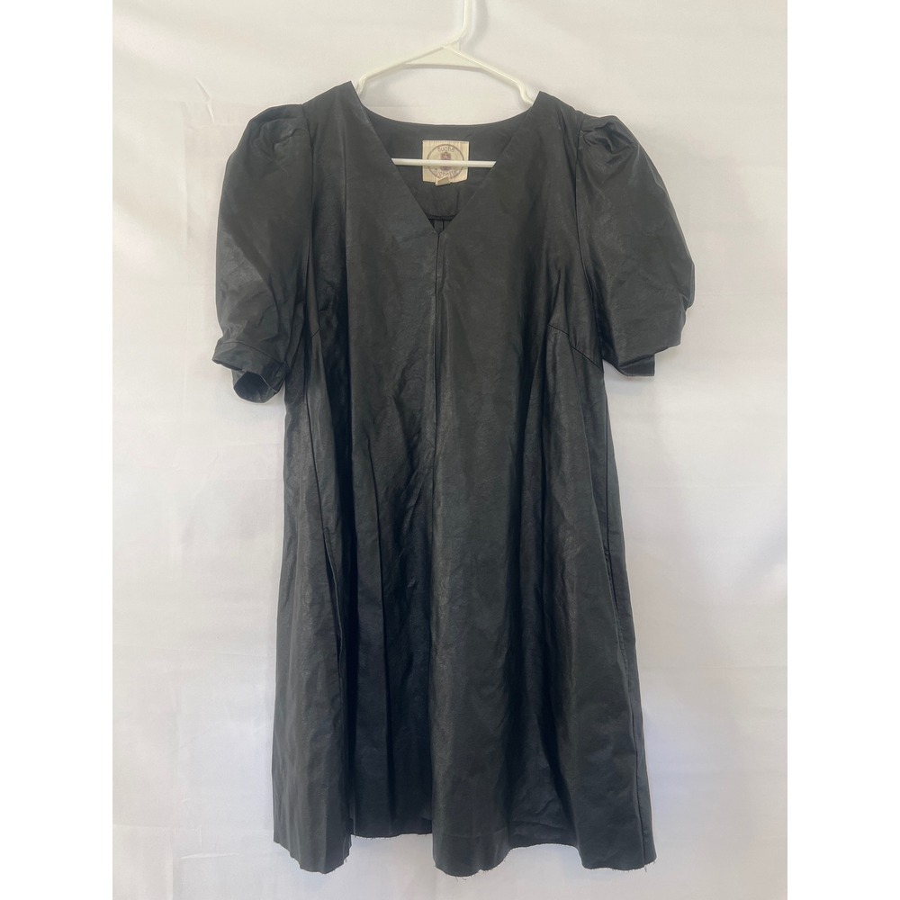 Muche et Muchette Black Vegan Leather V-Neck Puff Sleeve Mini Dress One Size,